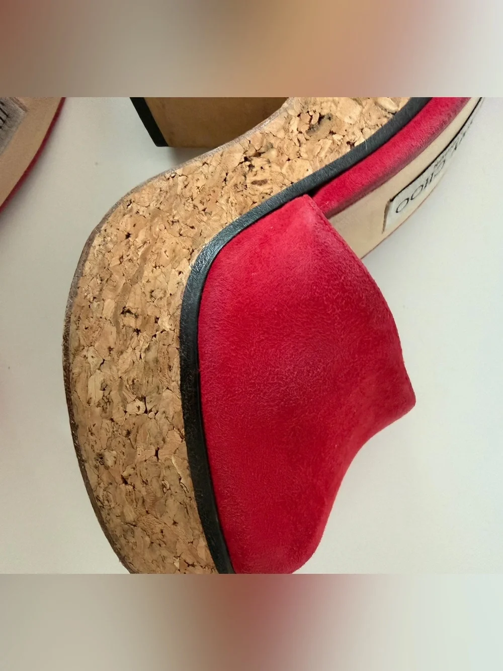 Jimmy Choo Deedee Red Suede Cork Platform Heels, Size 7.5